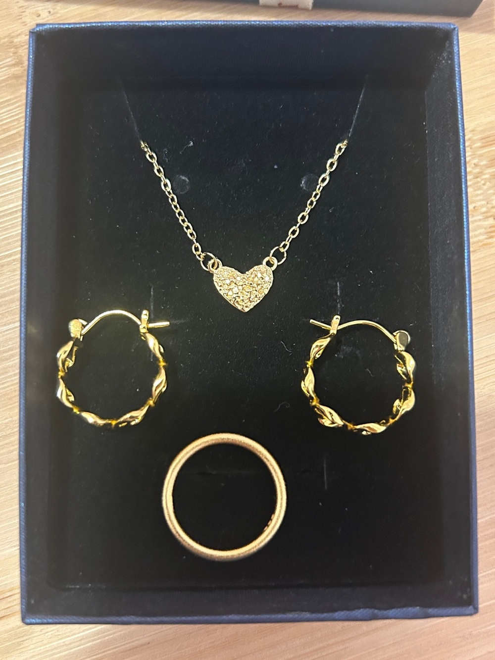 Gold Heart Pendant Necklace and Hoop Earrings Set - Women Jewelry
